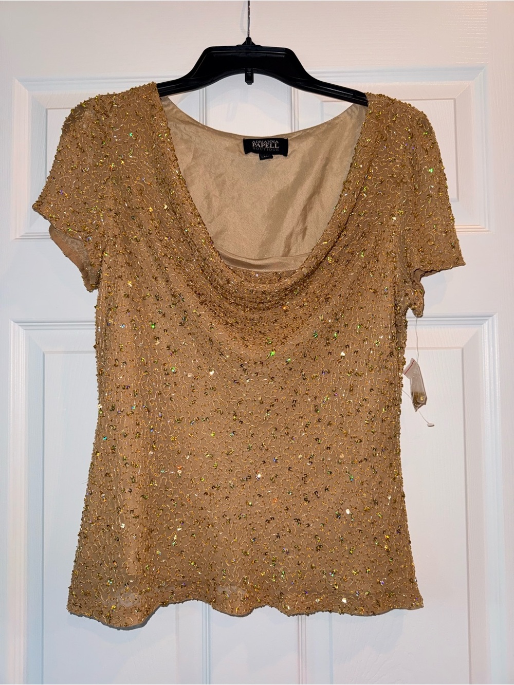 Adrianna Papell Gold Short Sleeve Sequin Cowl Neck Top
